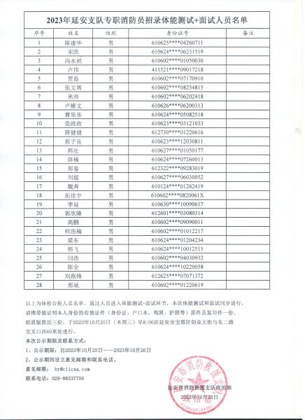 延安支队消防队员体测_面试公示名单